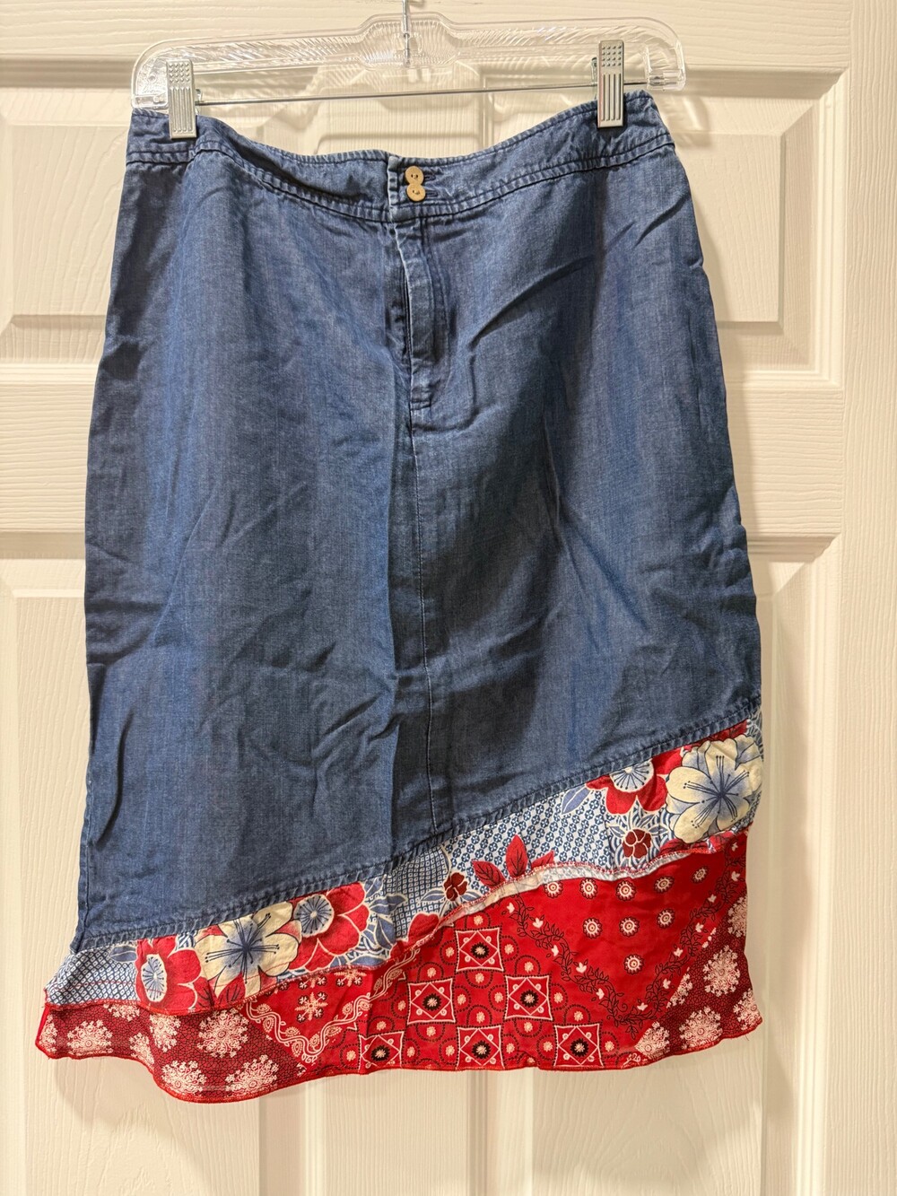 Denim Skirt with Red Floral Patchwork Hem